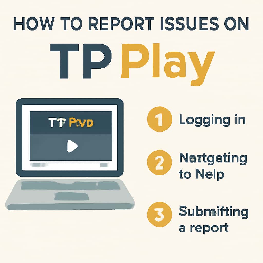 An educational illustration detailing the steps to report issues on TP Play.